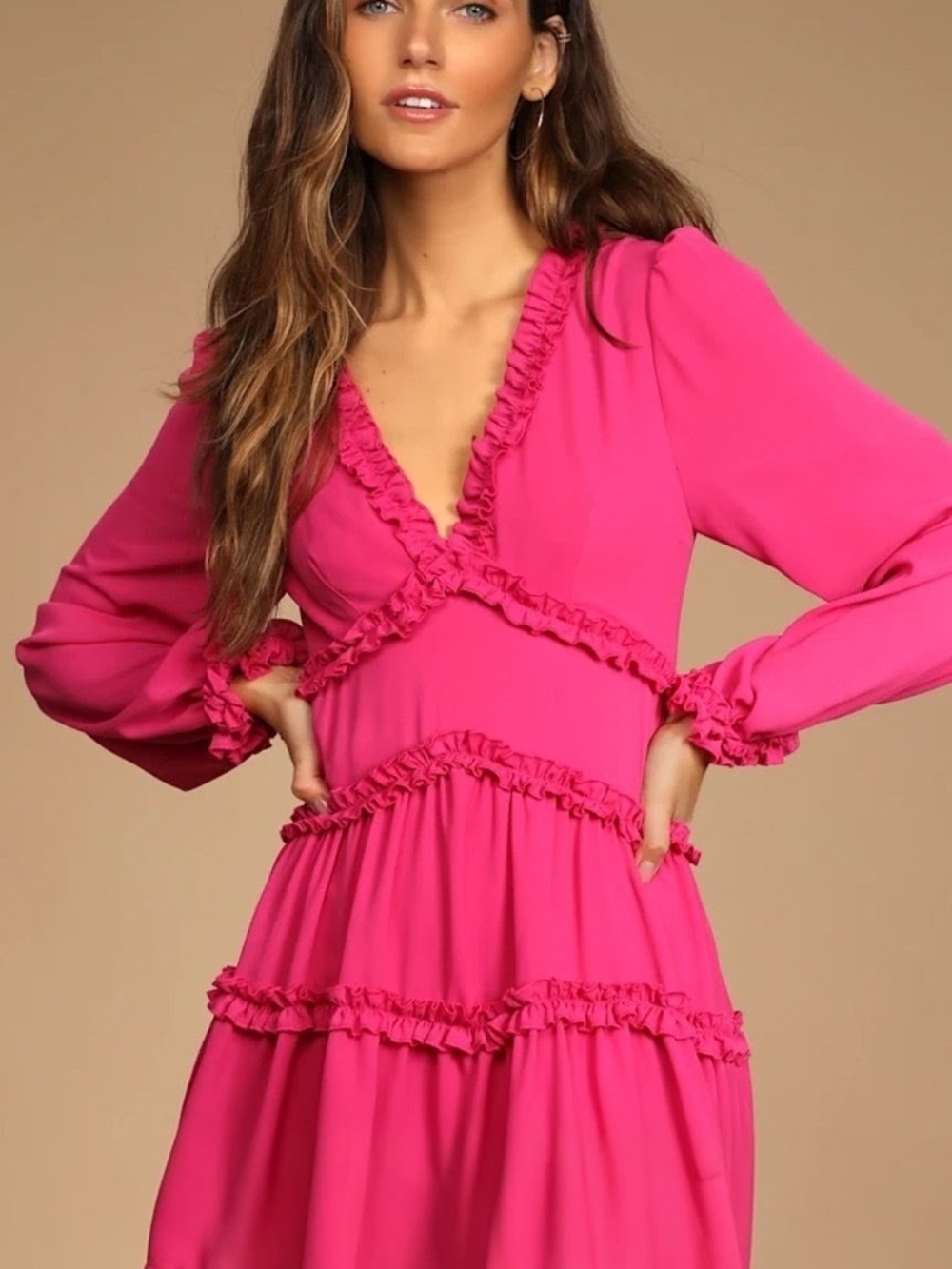 Lulu's Hot Pink Ruffle Tiered V-Neck Long Sleeve Dress